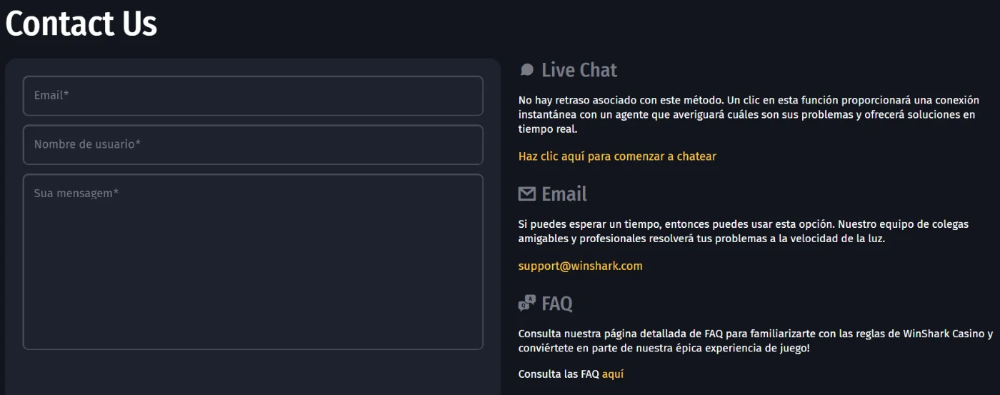Winshark Casino Soporte al jugador